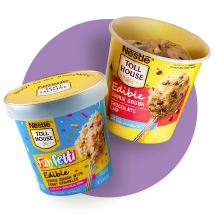 Tubs of Funfetti® and chocolate chip edible cookie dough on a purple circle.