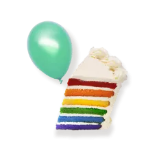 A slice of rainbow layered cake near a teal balloon.