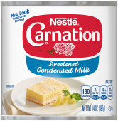 A can of Sweetened Condensed Milk with a lemon square on a plate with mint sprigs and a lemon twist.