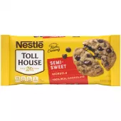 A yellow bag of semi-sweet morsels with a red label beside a gooey chocolate chip cookie and chocolate morsels.