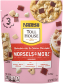 A package of Strawberries & Cream flavored Morsels & More with strawberry chunks, white morsels & graham crackers.