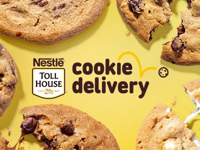 Cookies next to a Nestlé® Toll House® logo and cookie delivery logo on a yellow surface.
