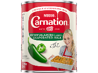 Red and white Carnation can with green accents, jalapeno imagery, and image of chef Tini Younger holding a casserole.