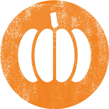 A white silhouette of a pumpkin against an orange circular background