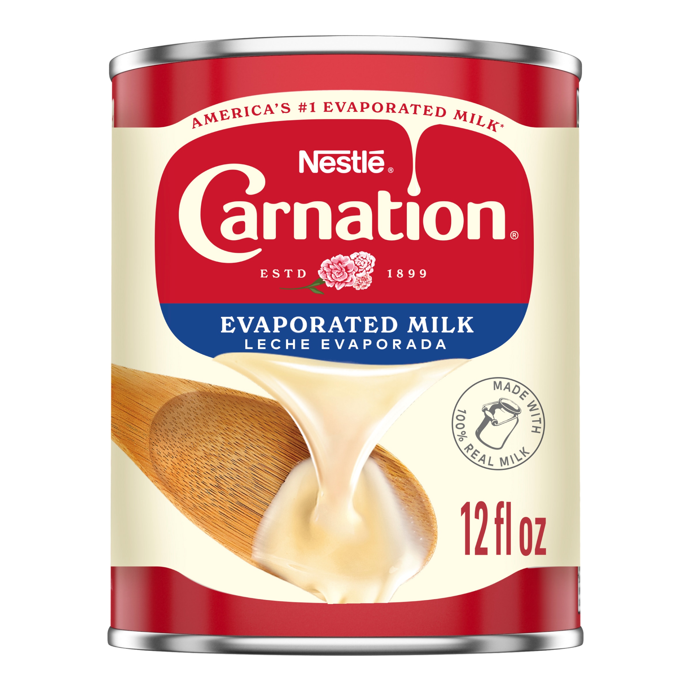 A can of Evaporated Milk with an image of evaporated milk pouring onto a white spatula.