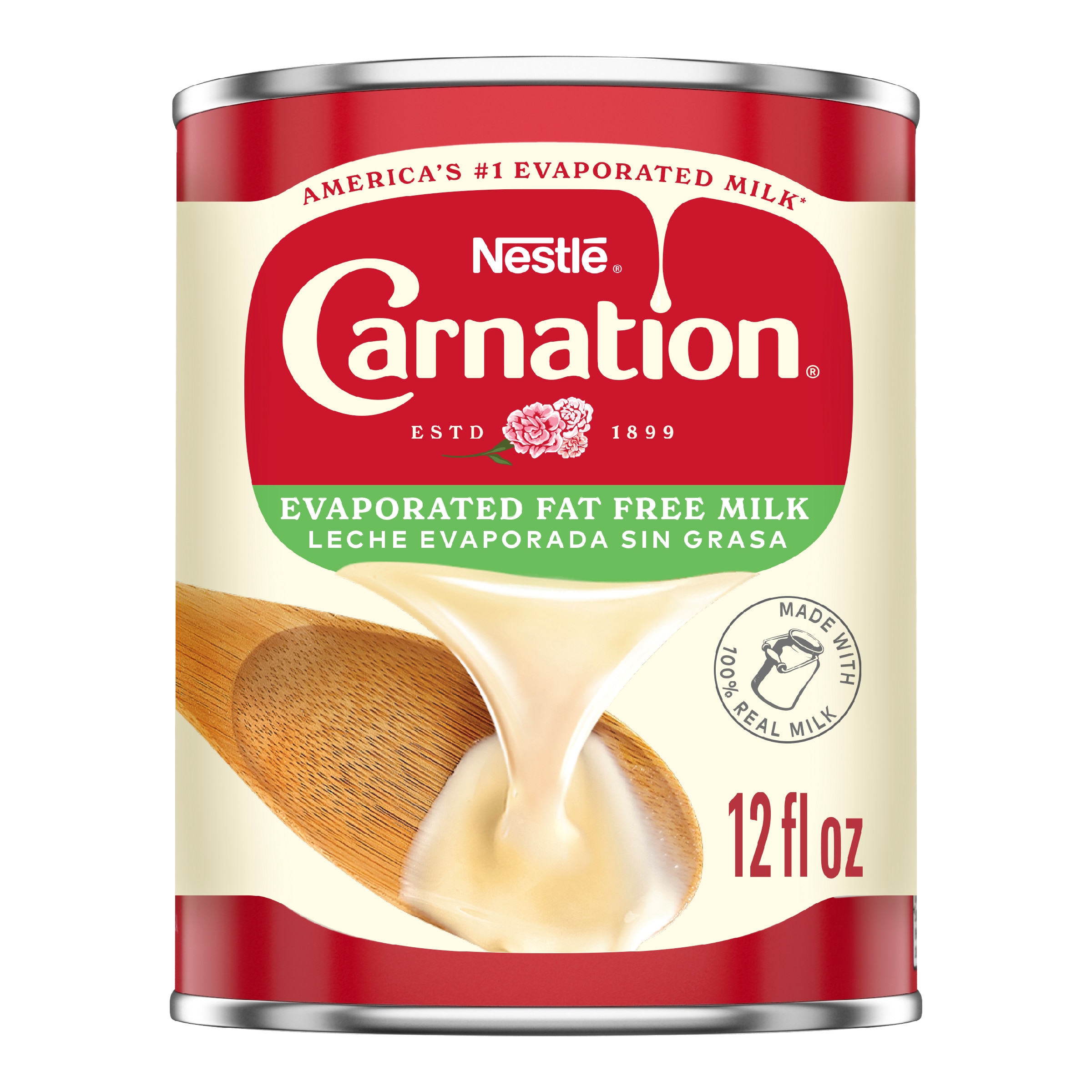 Front Center view of CARNATION Fat Free Evaporated Milk 12 fl. oz. Can NET 12 fl oz (354 mL) product.
