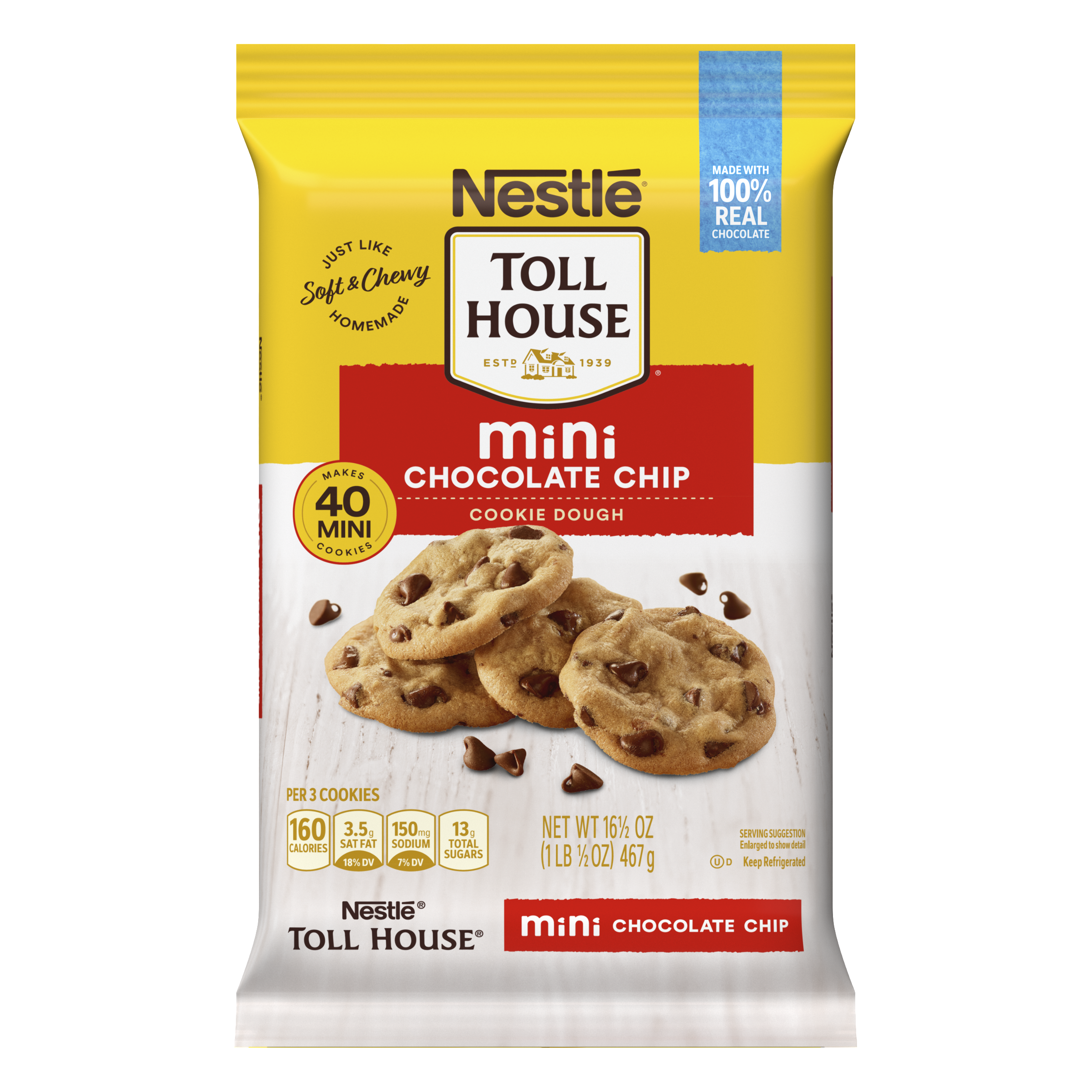 A package with a red label that reads "mini chocolate chip cookie dough" and four chocolate chip cookies.
