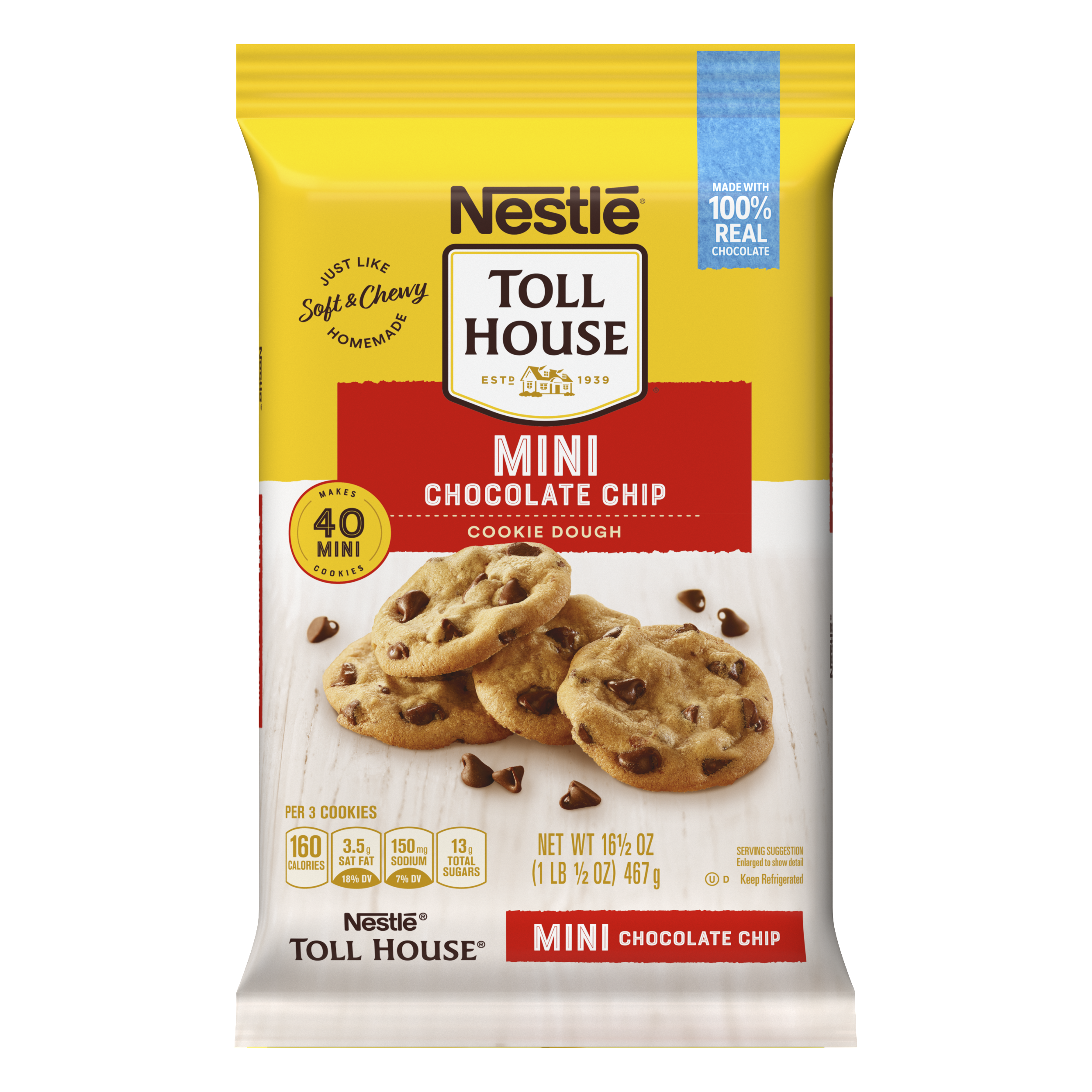 A package with a red label that reads "mini chocolate chip cookie dough" and four chocolate chip cookies.