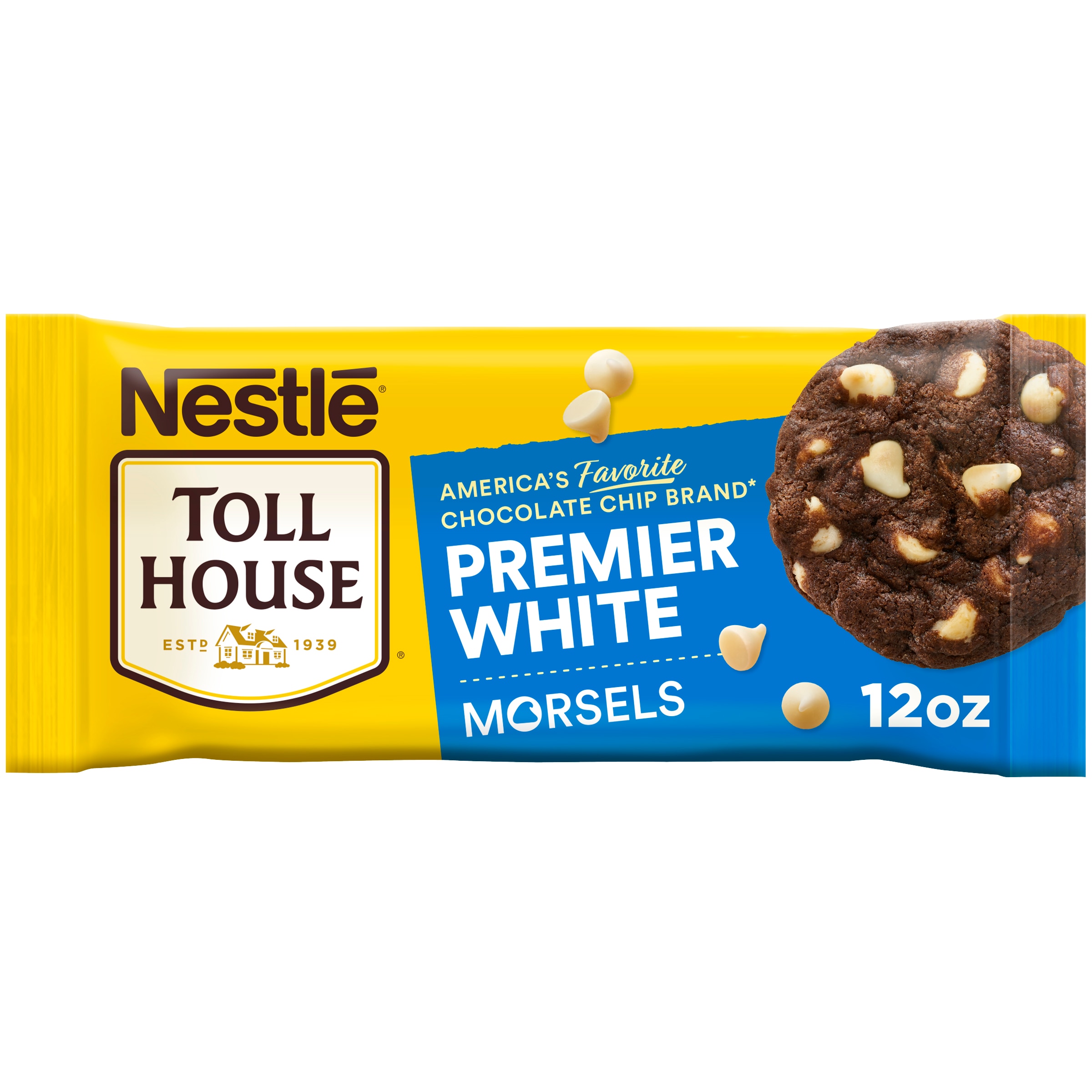A bag of premier white morsels with a blue label and a chocolate cookie with white morsels.