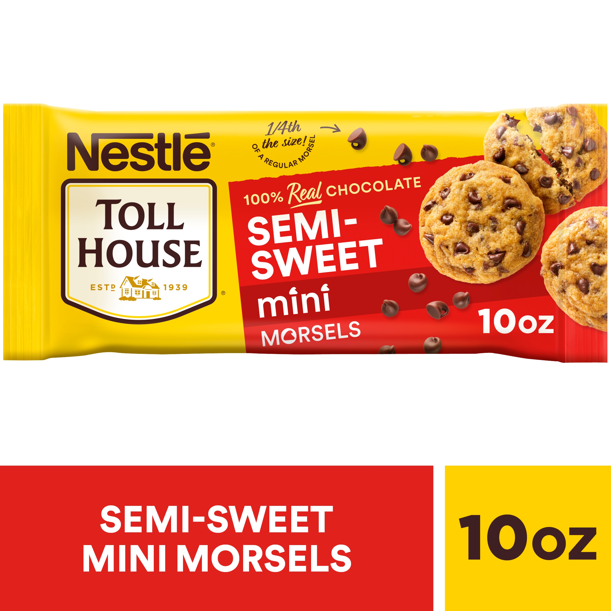 A package of semi-sweet mini morsels with a red label and three chocolate chip cookies.