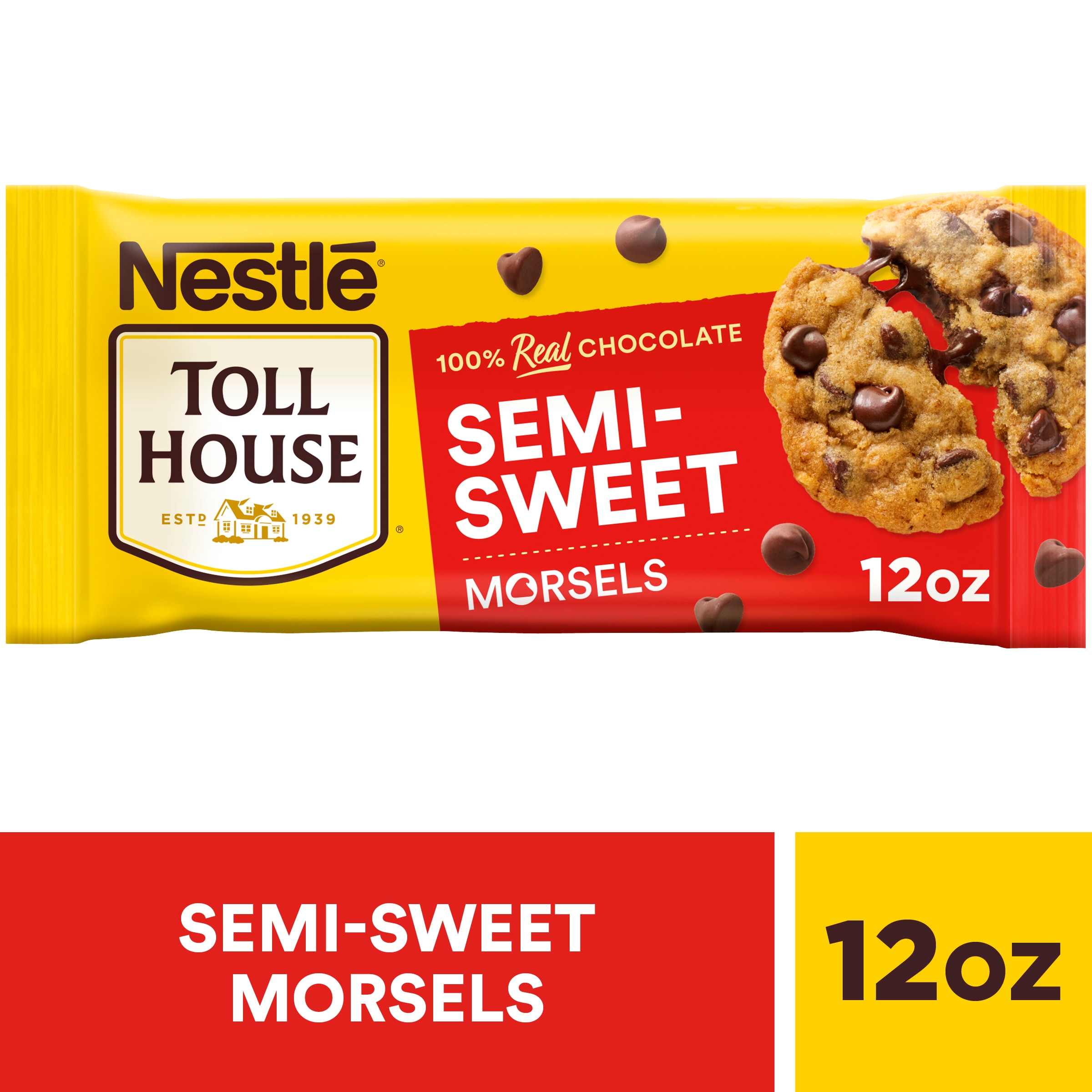 A yellow bag of semi-sweet morsels with a red label beside a gooey chocolate chip cookie and chocolate morsels.