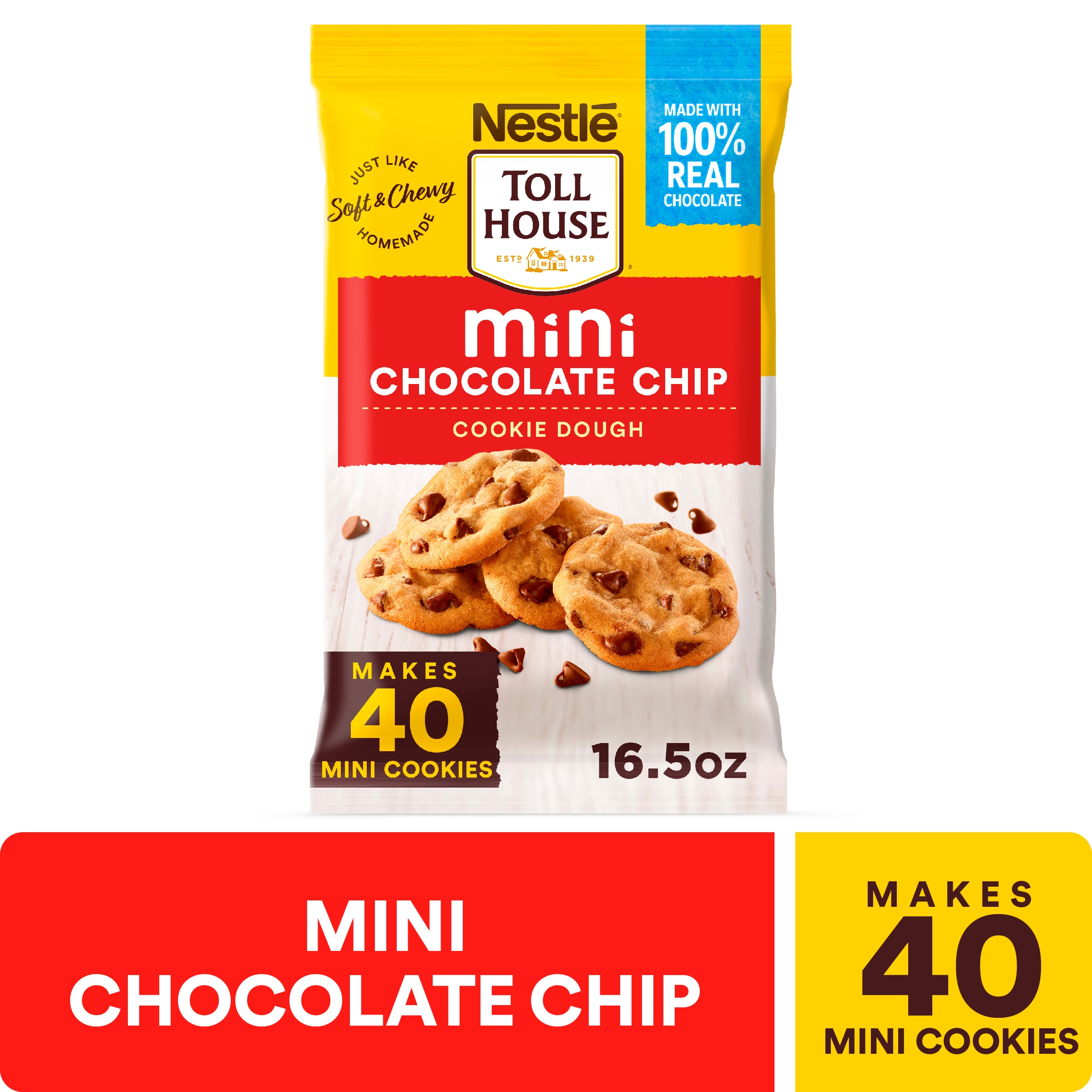 A package with a red label that reads "mini chocolate chip cookie dough" and four chocolate chip cookies.