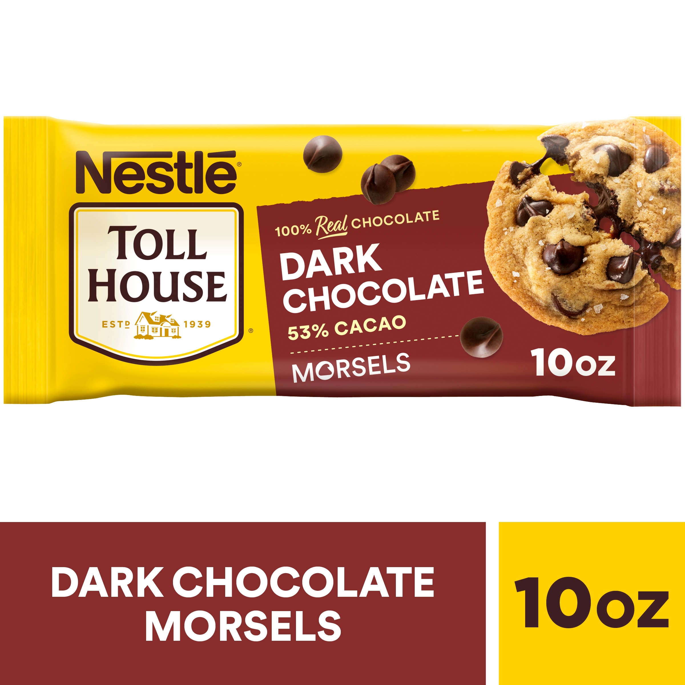 A package of dark chocolate morsels with a maroon label and a melty chocolate chip cookie.