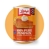 Libby’s Pure Pumpkin can, with logo above name, on red circle, with pumpkin pie slice on spatula