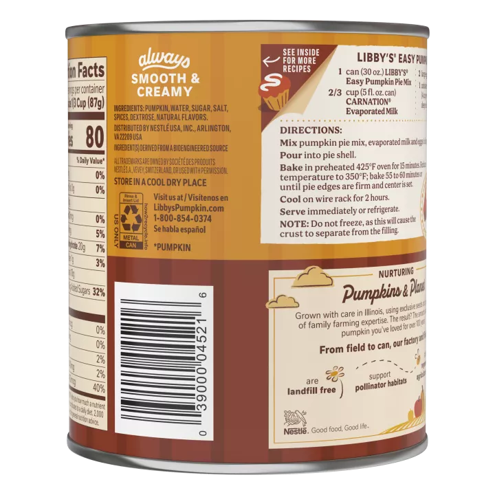 Left angle view photograph of an orange and brown can of Libby’s Easy Pumpkin Pie Mix. It has the Libby’s name and red and white logo above a brown box displaying the product name in white and a whole pumpkin pie beside a gold serving spatula.