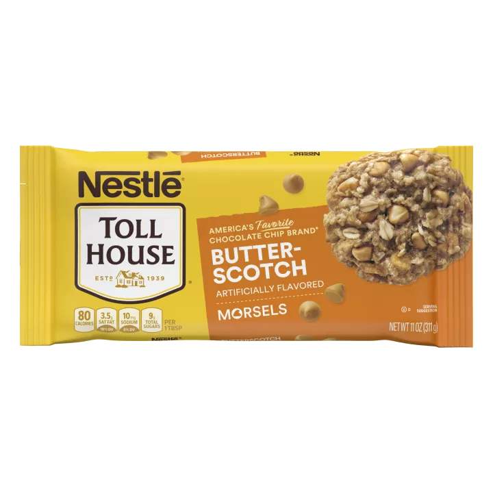 A bag of semi-sweet chocolate morsels with an orange label and a butterscotch morsel and oat cookie.
