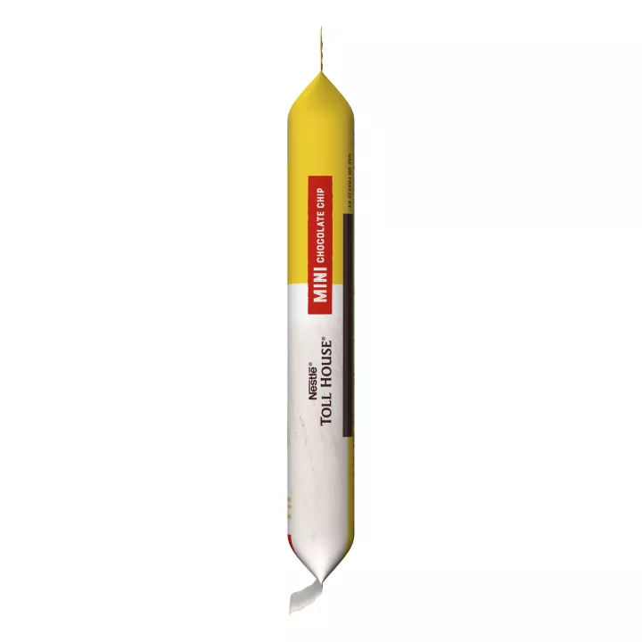 Right side view of a yellow and white package featuring the NESTLÉ® TOLL HOUSE® logo with a red label that reads "mini chocolate chip."