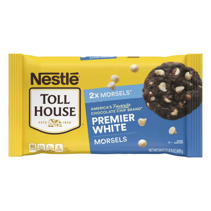 A bag of premier white morsels with a blue label and a chocolate cookie with white morsels.