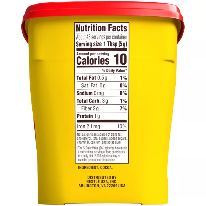 Right angle view of a yellow container with a red lid featuring the NESTLÉ® TOLL HOUSE® logo above a red label that reads "cocoa."