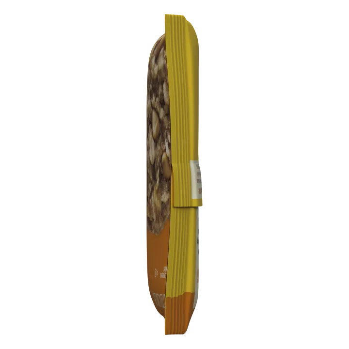 Right side view of a yellow package of semi-sweet chocolate morsels with an orange label beside the NESTLÉ® TOLL HOUSE® logo and a butterscotch morsel and oat cookie.