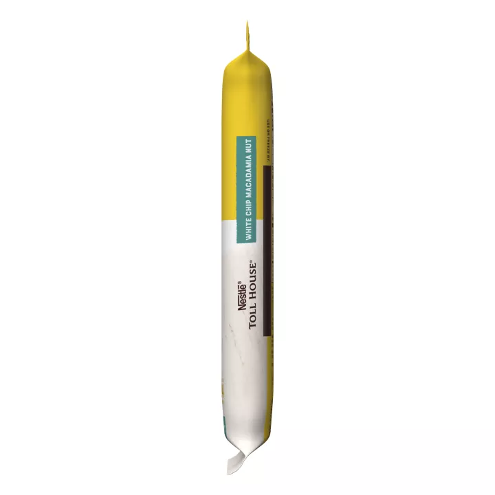 Right angle view of a yellow and white package featuring the NESTLÉ® TOLL HOUSE® logo with a teal label that reads "white chip macadamia nut cookie dough," with 2 white chip macadamia nut cookies on a white surface below.