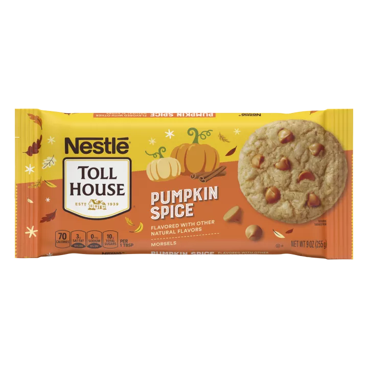 Vista frontal centrada de bolsa de 9 onzas de Pumpkin Spice Morsels de TOLL HOUSE con peso neto de 9oz (255g).