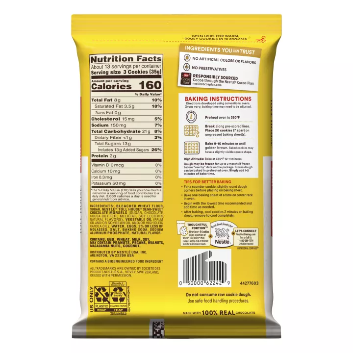 Left side view of a yellow and white package featuring the NESTLÉ® TOLL HOUSE® logo with a red label that reads "mini chocolate chip."