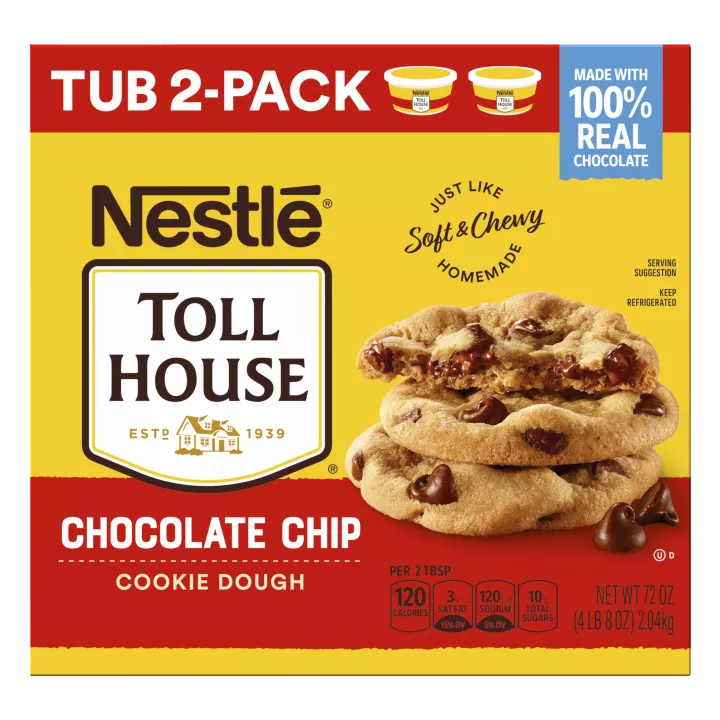 Paquete de 2 tubos de masa de galletas con chispas de chocolate que lee Hecho con chocolate 100% auténtico y como caseras.