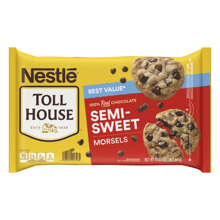 A package of semi-sweet chocolate morsels with a red label and a melty chocolate chip cookie.