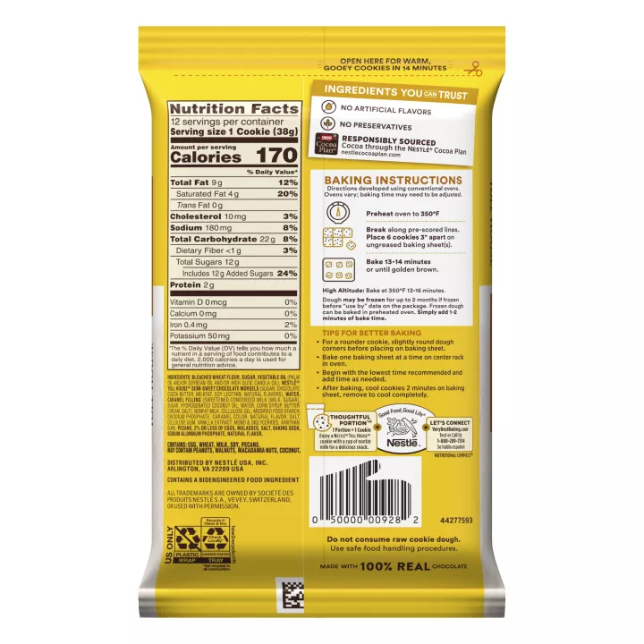 Left side view of a yellow and white package of pecan turtle delight cookie dough featuring the NESTLÉ® TOLL HOUSE® logo with an orange label that reads "pecan turtle delight."