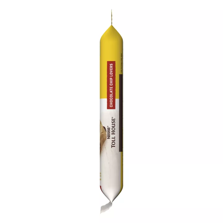 Vista lateral derecha de un paquete amarillo y blanco que muestra el logotipo NESTLÉ® TOLL HOUSE® con una etiqueta roja que dice " para los amantes de los trocitos de chocolate".