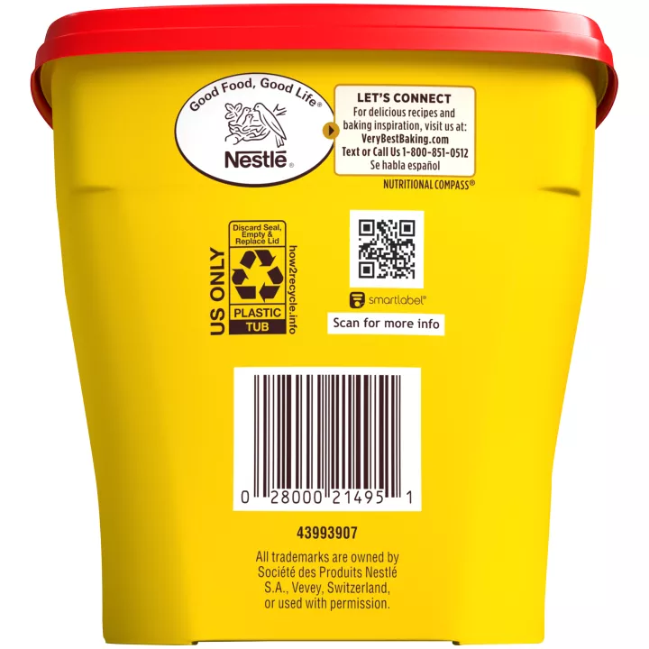 Left angle view of a yellow container with a red lid featuring the NESTLÉ® TOLL HOUSE® logo above a red label that reads "cocoa."
