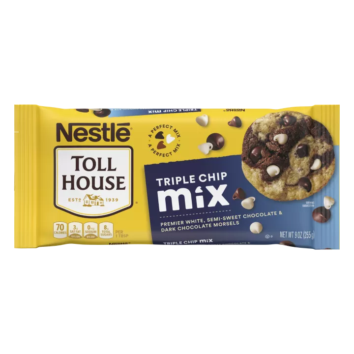 Bag of Triple Chip Mix with marble cookie and floating semi-sweet, dark chocolate and premier white morsels and A Perfect Mix badge.