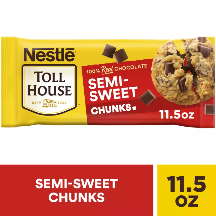 Bag of semi-sweet chunks with a gooey chocolate chip cookie, chocolate chunks and deliciously rich & creamy badge.