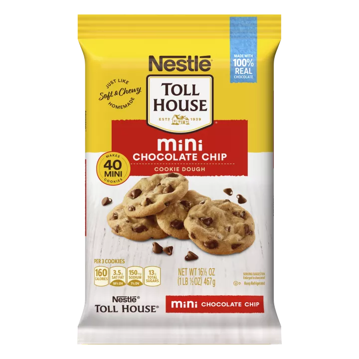 A package with a red label that reads "mini chocolate chip cookie dough" and four chocolate chip cookies.