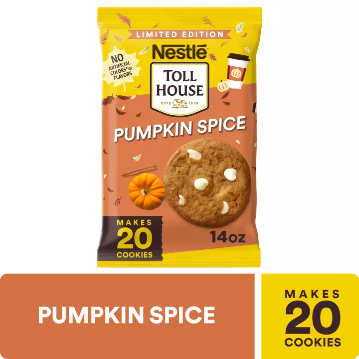 Vista frontal centrada de masa de galletas de especias de calabaza de Nestle Toll House con PESO NETO de 14oz (396g).