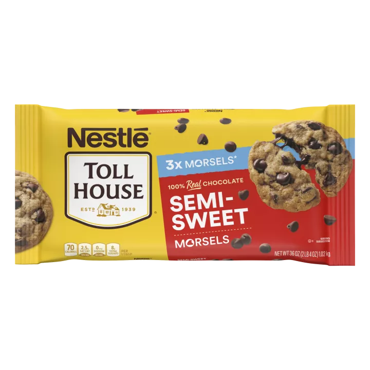 Bolsa de bocaditos de chocolate semidulce con 1 galleta con chispas de chocolate derretido que lee deliciosamente cremosos.