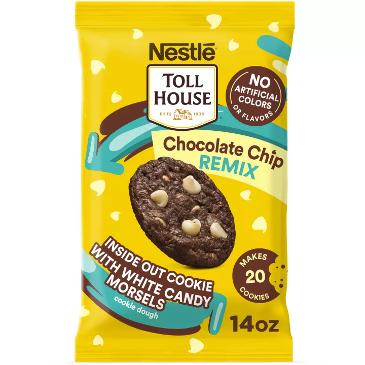Front Center view of NESTLÉ TOLL HOUSE Inside Out Cookie with White Candy Morsels Cookie Dough 14oz Pack NET WT 14 OZ (396g) product.