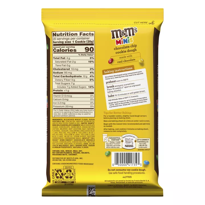Left side view of a yellow and brown package featuring the NESTLÉ® TOLL HOUSE® logo, the M&M's® minis logo, and "Chocolate Chip Cookie Dough" written beside the M&M's logo.