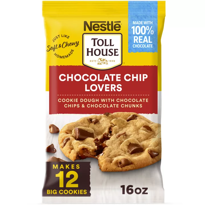 A package of chocolate chip lover cookie dough with chocolate chips and chunks with a red label and a melty cookie.