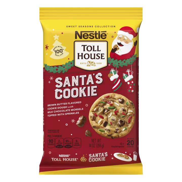 Paquete de masa de galletas Santa's Cookie con imágenes de Santa, botas navideñas, un plato de galletas y un vaso de leche.