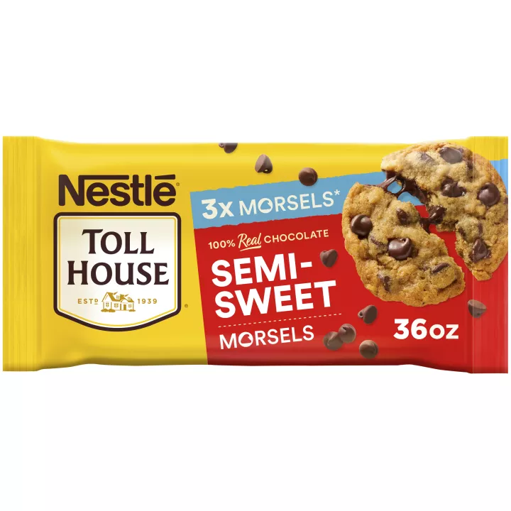Bag of semi-sweet chocolate morsels with a melty chocolate chip cookie and deliciously rich & creamy badge.