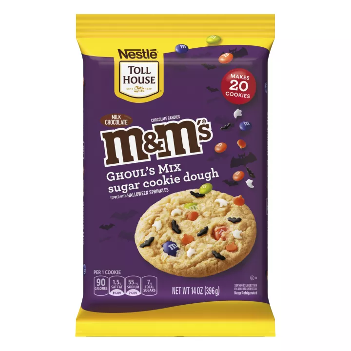 M&M’s Ghoul’s Mix Sugar Cookie Dough package with a Halloween-themed cookie below an M&M’s logo on a purple background.