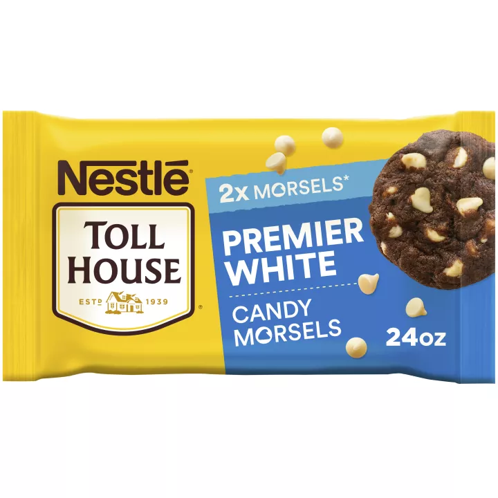 A bag of premier white morsels with a blue label and a chocolate cookie with white morsels.