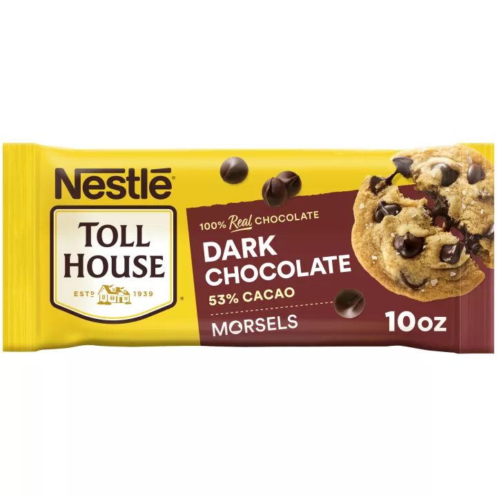 A package of dark chocolate morsels with a maroon label and a melty chocolate chip cookie.