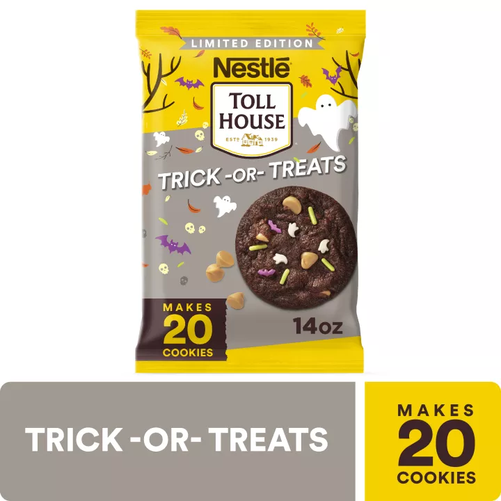 Vista frontal centrada de Trick or Treats Refrigerated Cookie Dough Bar de TOLL HOUSE 14oz con PESO NETO de 14oz (396g).