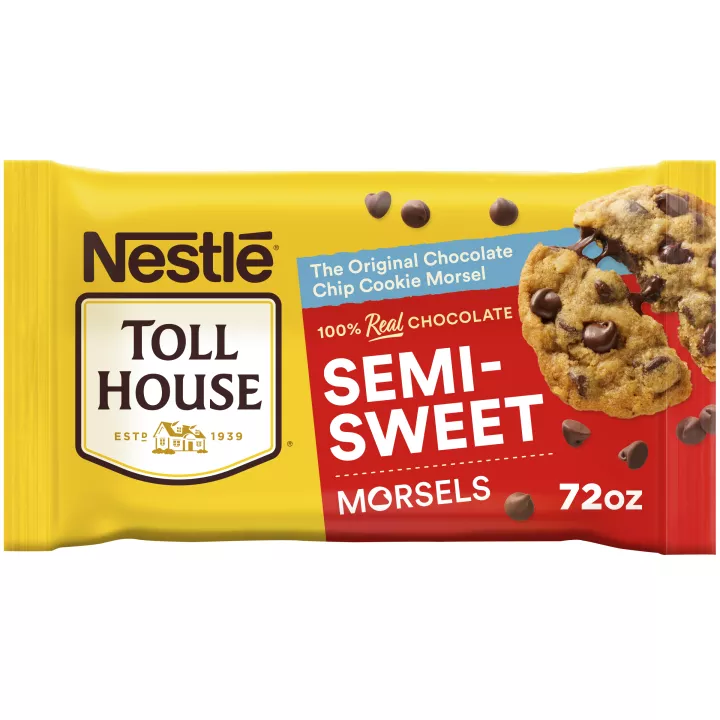 A package of semi-sweet chocolate morsels with a red label and a melty chocolate chip cookie.