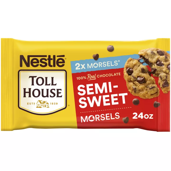 A yellow bag of semi-sweet chocolate morsels with a red label and a melty chocolate chip cookie.