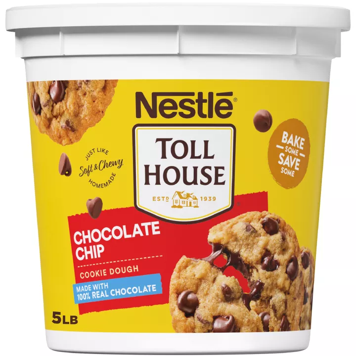 Front Center view of NESTLE Toll House Chocolate Chip Cookie Dough 5Lb Tub NET WT 5 LB (2.26 kg) product.