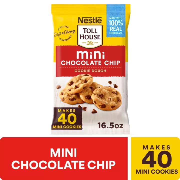 A package with a red label that reads "mini chocolate chip cookie dough" and four chocolate chip cookies.